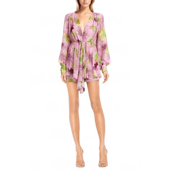 NEW BADGLEY MISCHKA dreamy floral print georgette mini dress in pink multi